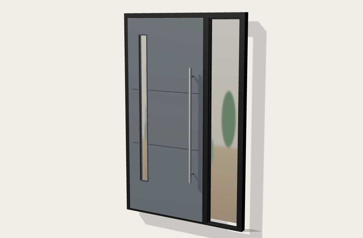 Grey aluminium front door with a long pull bar and a glazed side panel in a black frame