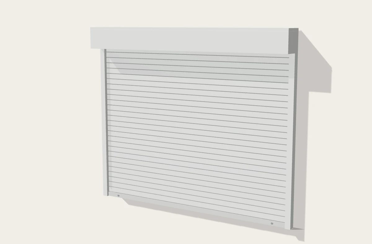 Light grey aluminium roller shutter with its box, guide rails and locking bottom bar
