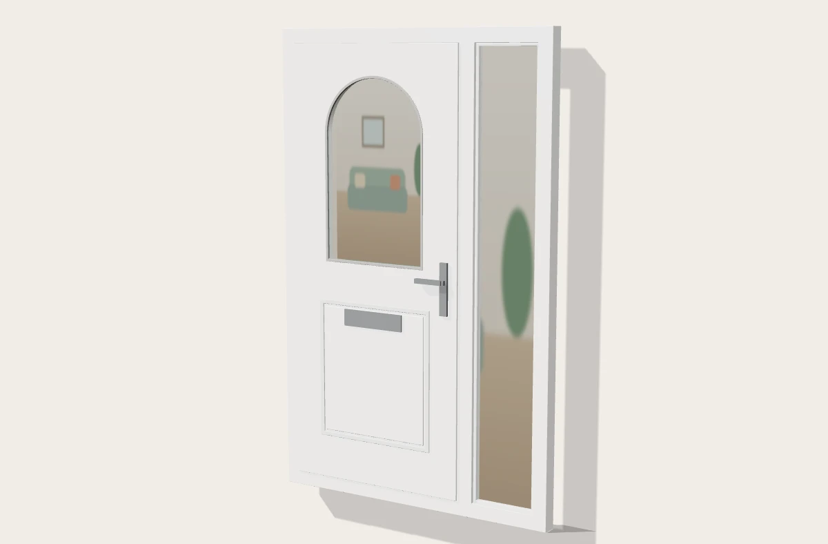 White uPVC front door with an arched glass panel and a side panel